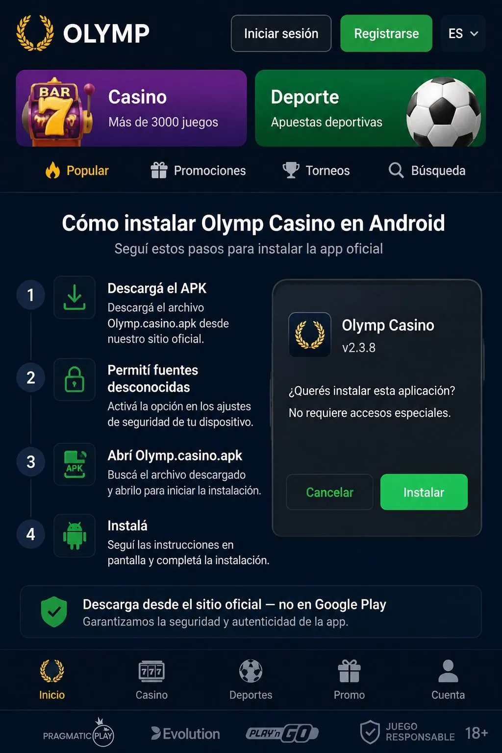 Cómo instalar el archivo APK de app Olimp Casino paso a paso
